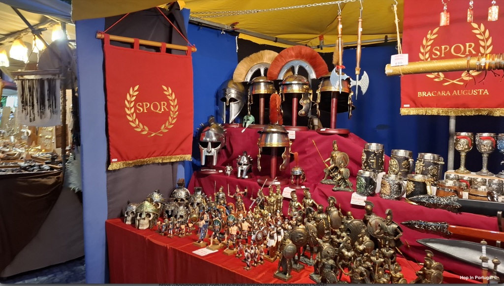 Braga Romana Market 2026 with metal helmets and Roman figurines