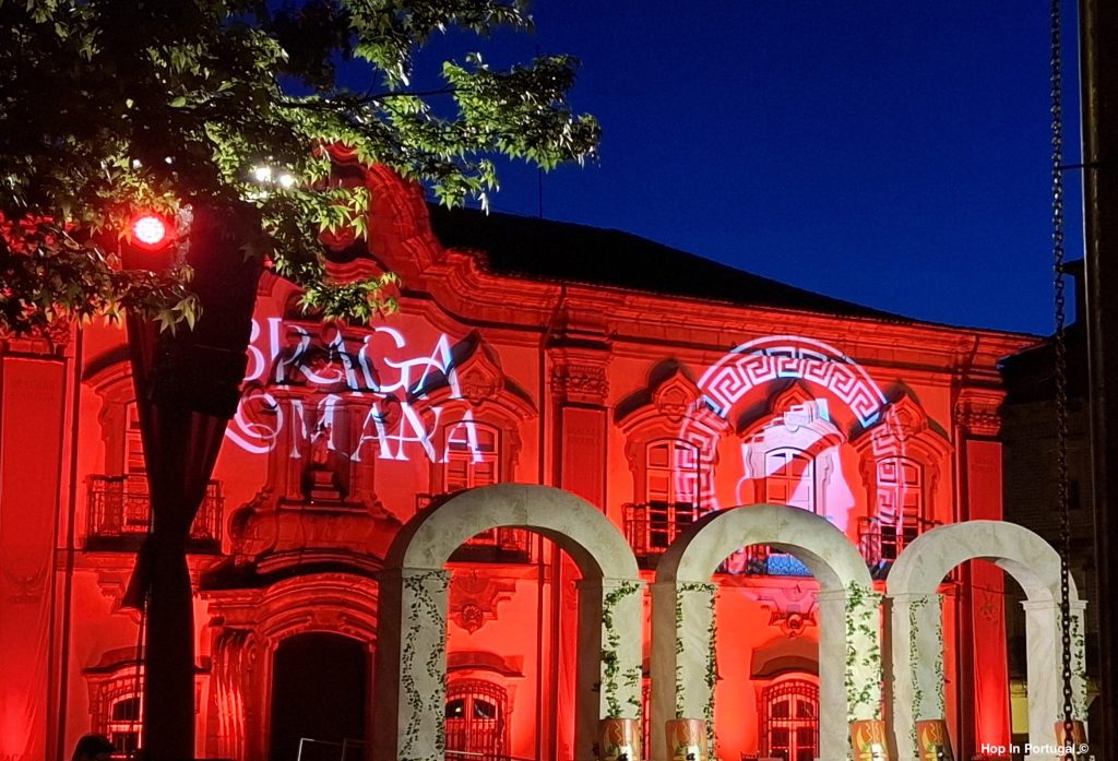 Braga Romana with Building decorated with lights