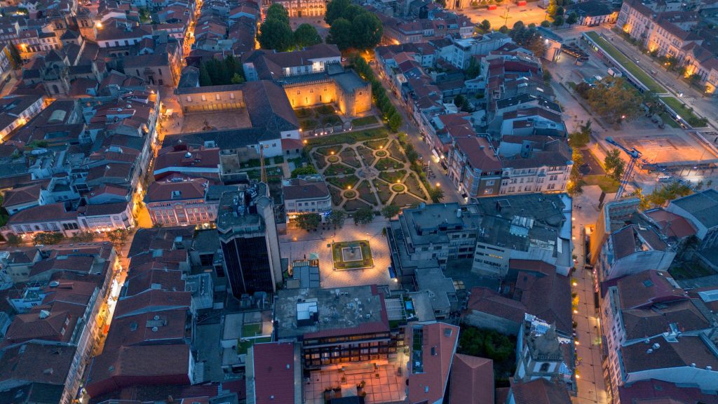 Historic City Center of Braga at night with lights