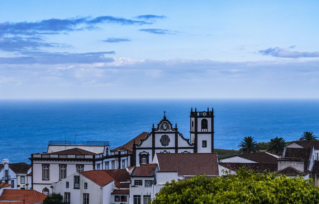 Azores with white houses and view of the sea